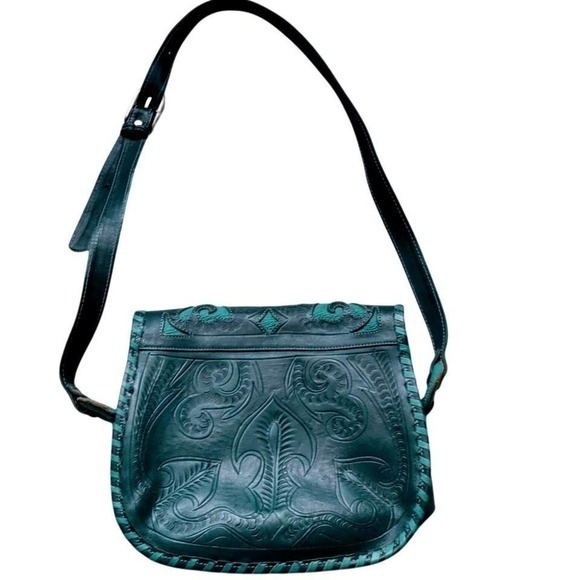 New‎ LL Leathers in Leather Crossbody Bag Teal Green Whipstitch Boho Saddle Bag